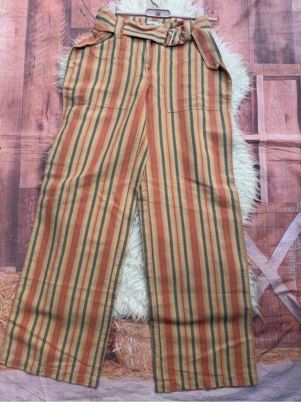 Striped Wide-Leg Men’s Pants in Peach Multi - Classic Belted Style Calvin Klein